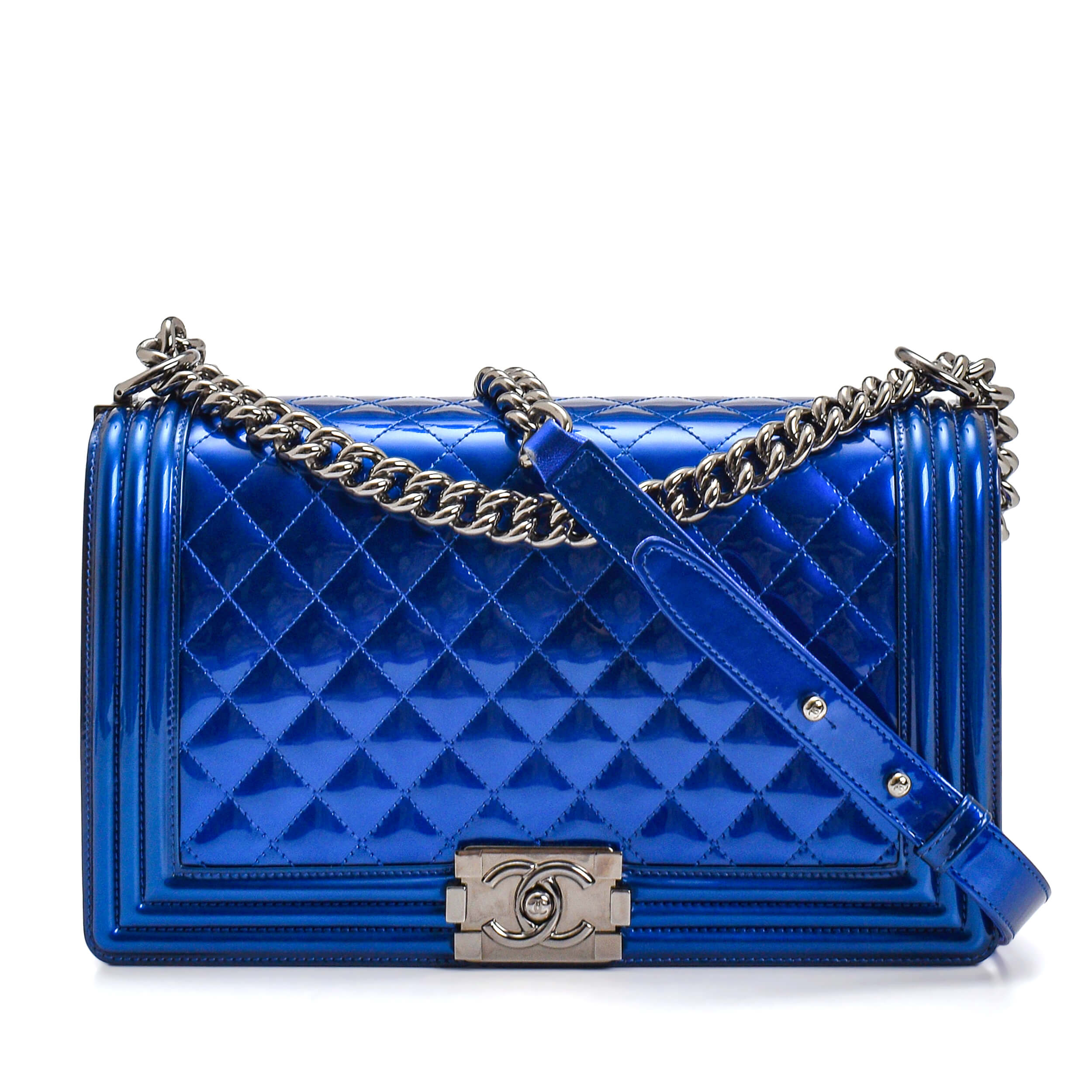 Chanel - Metallic Blue Quilted Patent Leather Medium Boy Bag